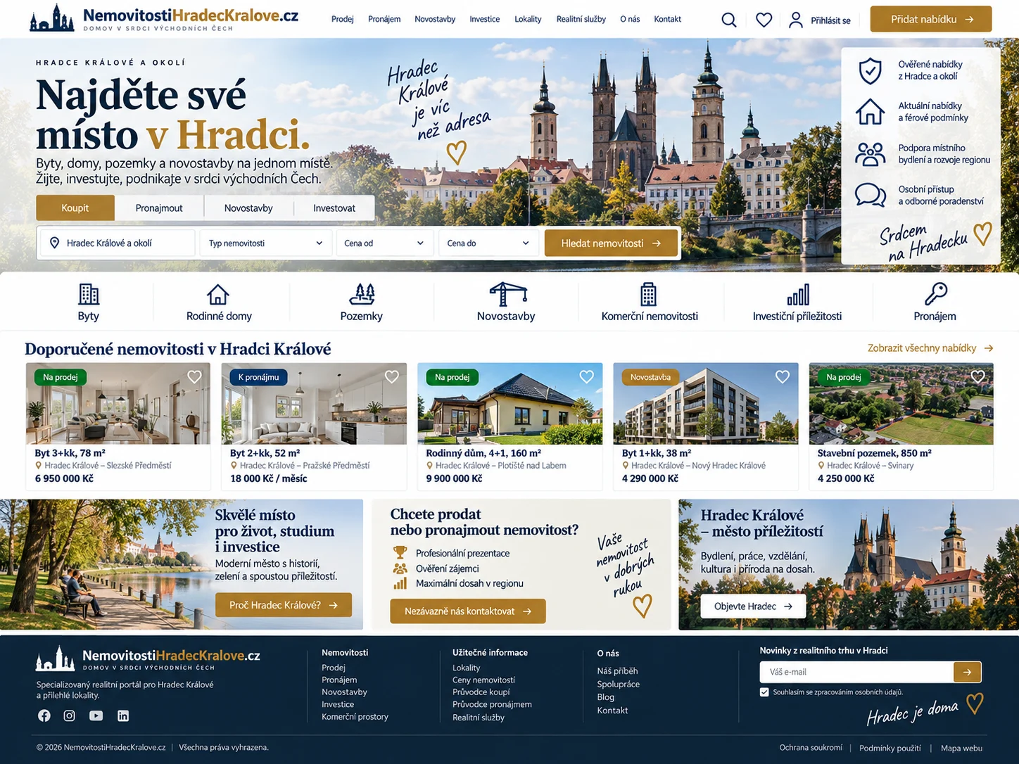 Ilustrační návrh modrozlatého realitního portálu NemovitostiHradecKralove.cz s panoramatem města a nabídkovými kartami